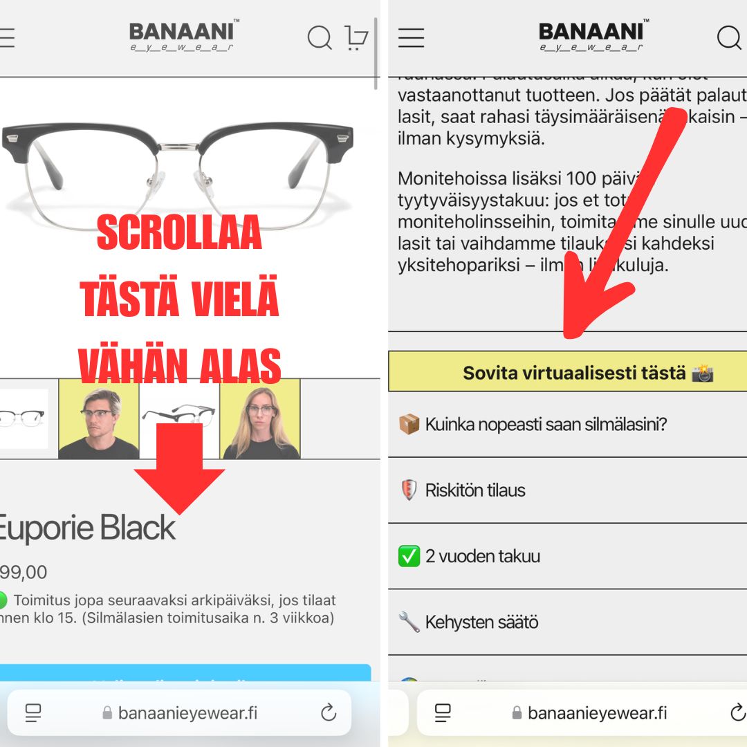 Sovita virtuaalisesti -napin sijainti tuotesivulla