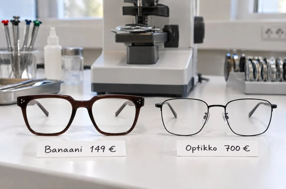 Banaanin ja optikon monitehot laboratoriopöydällä