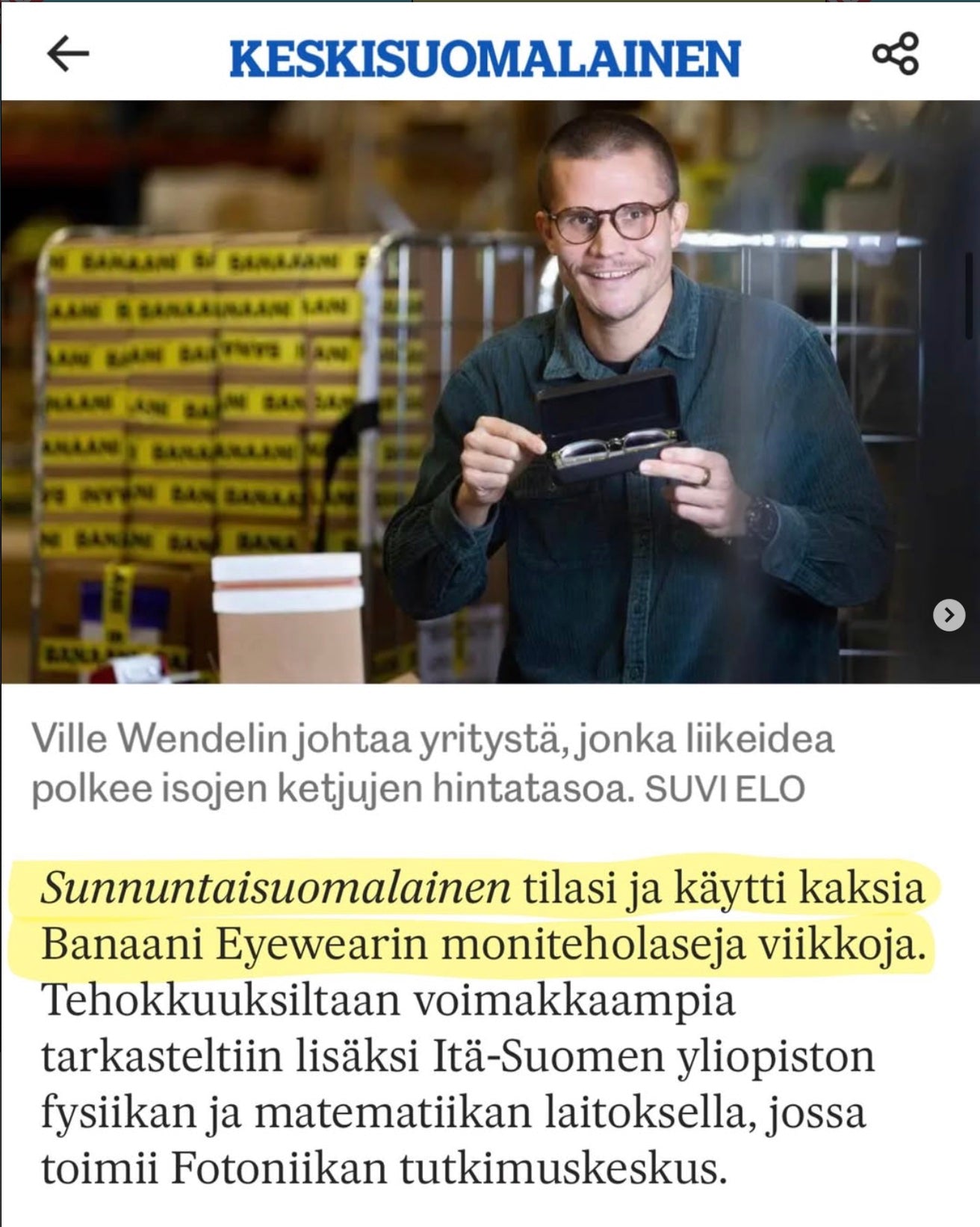 Keskisuomalainen: Sunnuntaisuomalainen testasi Banaani Eyewearin moniteholaseja
